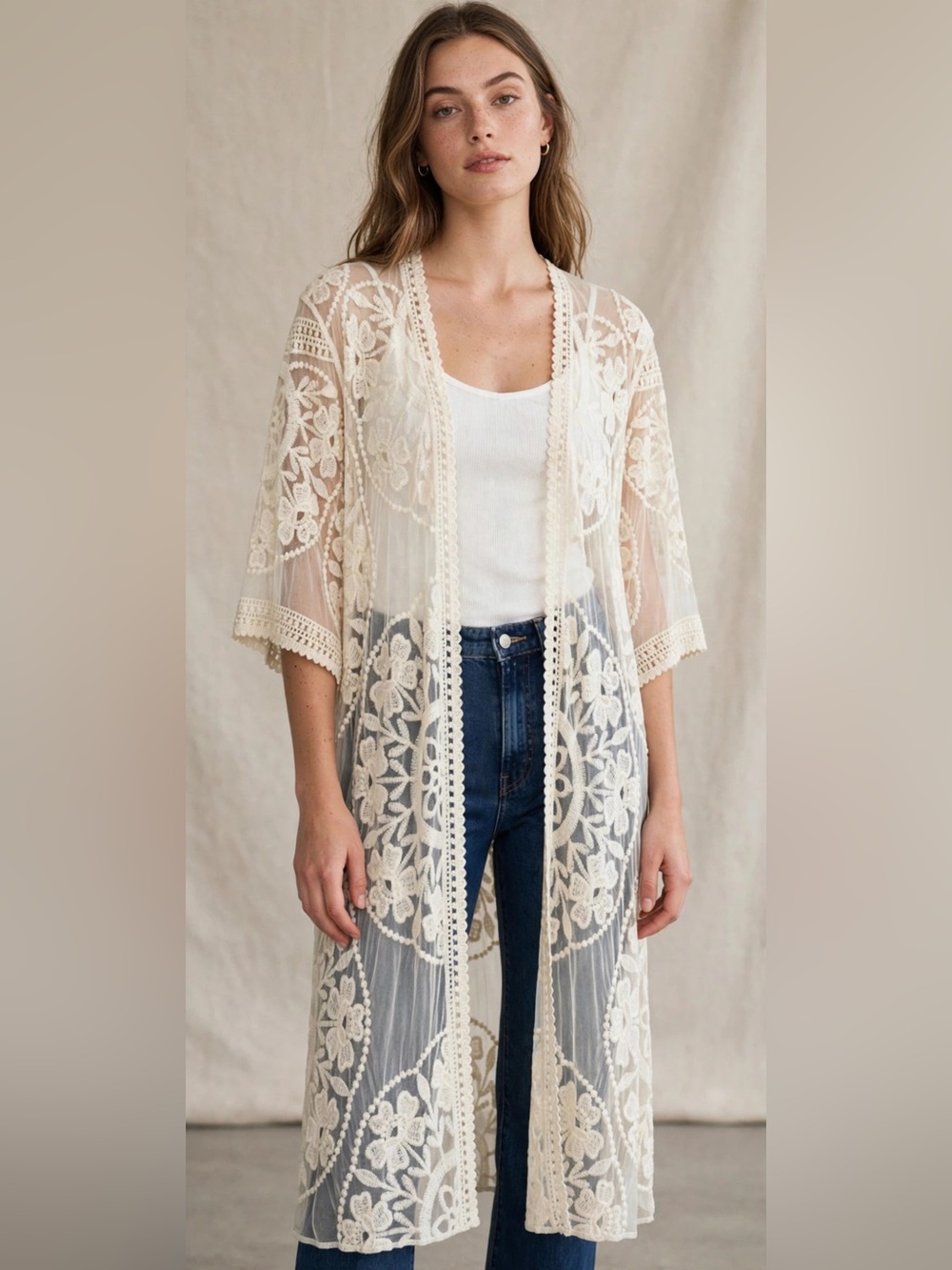 Altar'd State Cream Lace Duster Kimono Size Small NWT